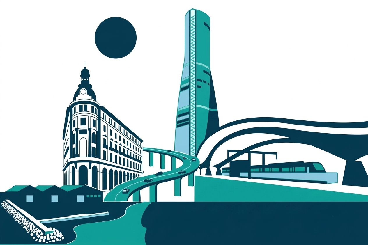 Ilustración minimalista de infraestructuras en colores corporativos